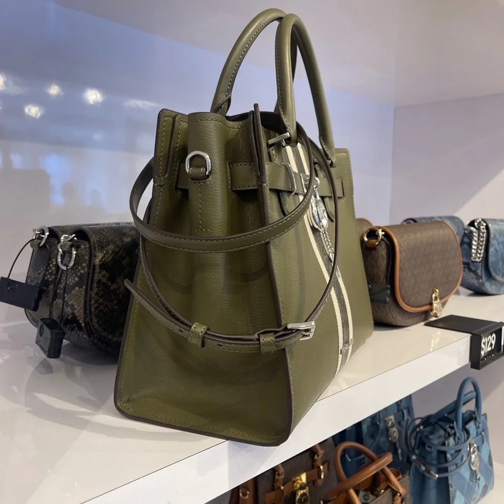 MICHAEL KORS Hamilton Med Leather and Snake Embossed Stripe Satchel Olive  NWT